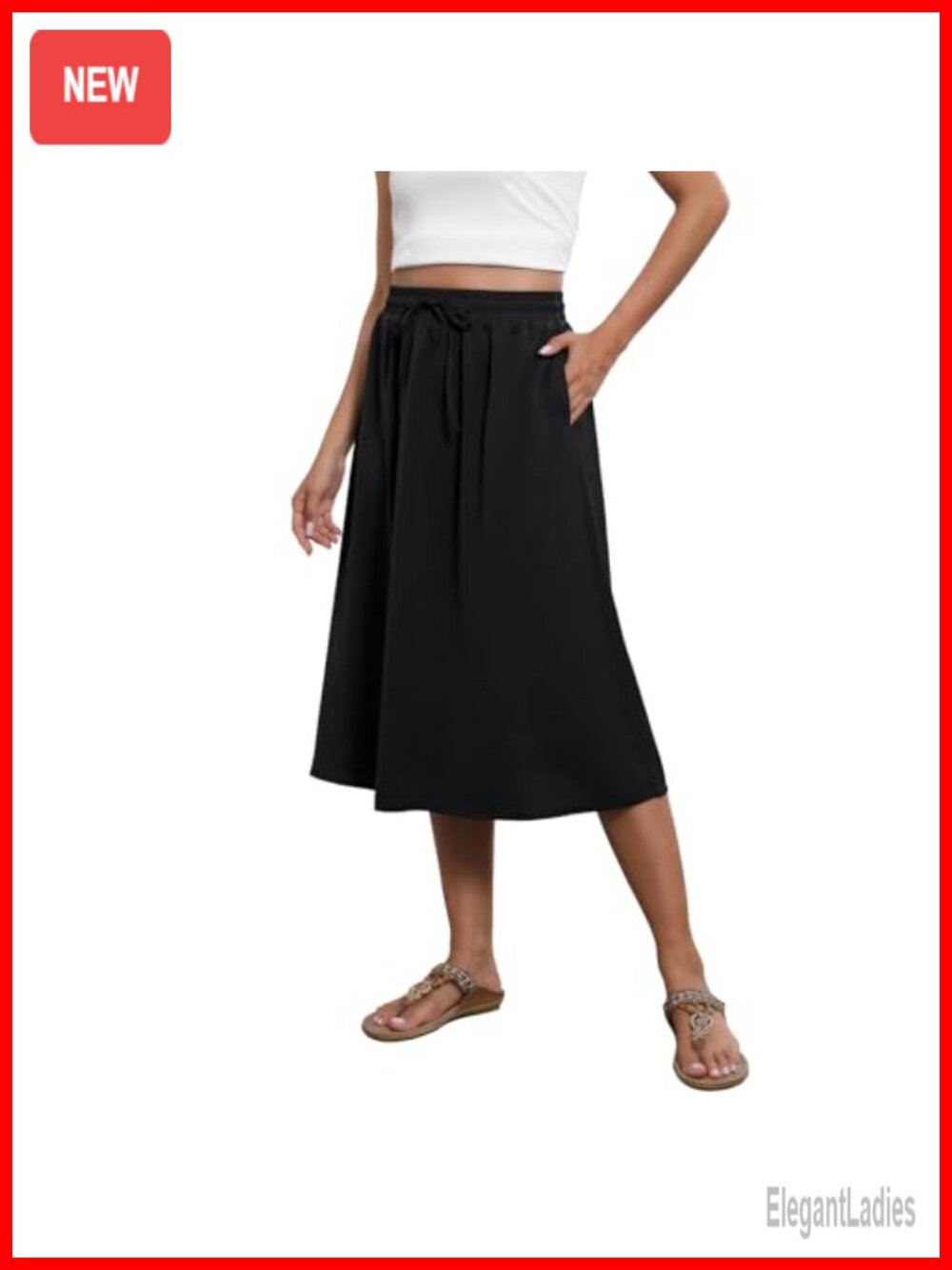Flowy A-Line Midi Skirt with Pockets High Waist Elastic Bohemian Cover-Up